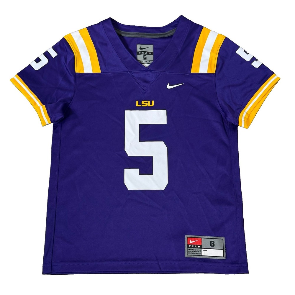 Nike Team LSU Football Jersey Kids Size 6 Purple Yellow Number 5 NCAA Louisiana